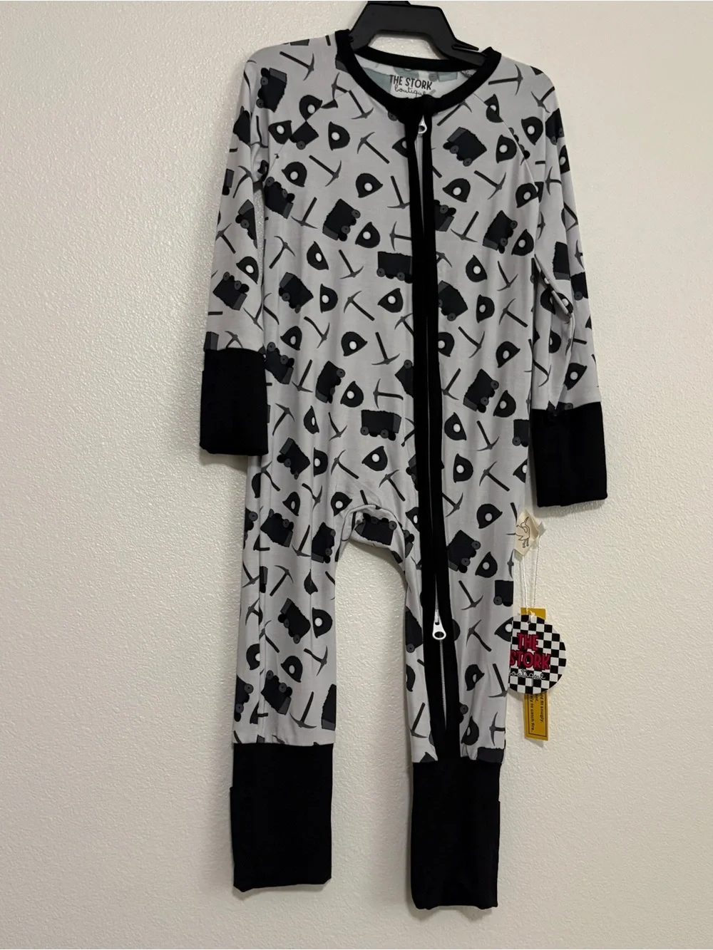 The Stork 6-12 m Black Bamboo Coal Miner Construction Print One-Piece Pajama